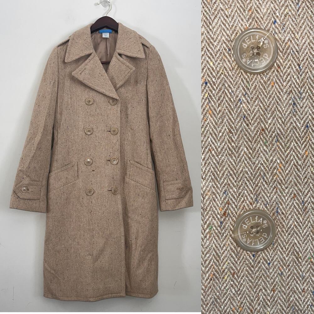 dELiA*s Vintage Y2K Tan Taupe Double-Breasted Coat Herringbone Pattern (0699)